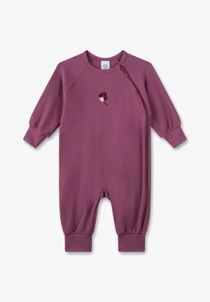 Rippiger, langärmeliger Einteiler in dunklem Violett, mit einem seitlichen Reißverschluss und einem gestickten Blumenmotiv auf der Brust. Die Ärmelbündchen sind eng anliegend.