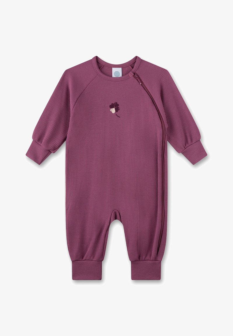 Purple ribbed onesie with long sleeves, a side zipper, and a small floral embroidery detail on the chest. Cuffed ankles and wrists.