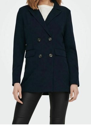 Blazer croisé bleu marine, avec un col cranté, deux poches avant et des boutons métalliques. Tissu lisse avec une coupe ajustée.