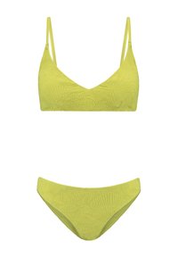 Sárga bikini szett textúrázott trópusi levél és kagylóminta, állítható vékony pántokkal a felsőrészen és klasszikus szabású alsó résszel.