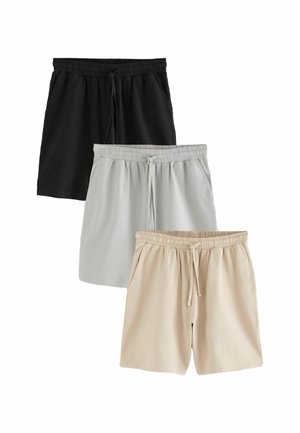 Three pairs of shorts in black, gray, and beige. Each features an elastic waistband with drawstring and a textured fabric.