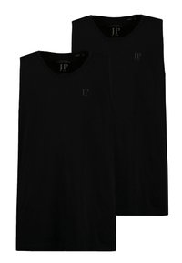 Twee zwarte tanktops van katoen, met een ronde halslijn en een subtiele logo op de borst. Gladde textuur, mouwloos ontwerp.