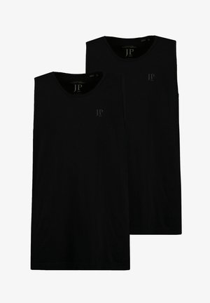 To sorte tanktoppe lavet af bomuld, med rund halsudskæring og et diskret logo på brystområdet. Glat tekstur, ærmeløs design.