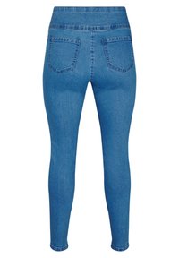 Siniset farkkuleggingsit, joissa on sileä pinta, korkea vyötärö ja kaksi takataskua. Kapea malli, joka kapenee nilkkaan.