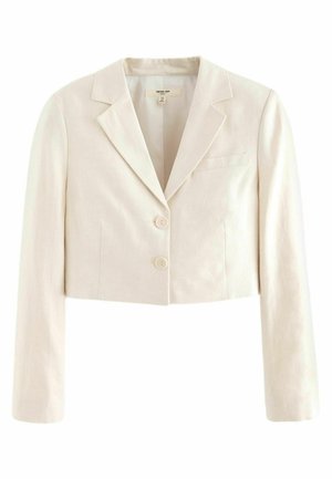 Skuren beige kavaj med slag, två framknappar, en bröstficka och strukturerade långärmar i texturerad tyg.