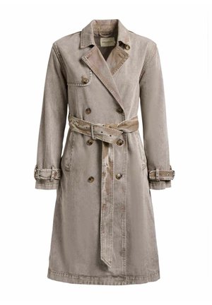 Beež topeltkarvaline vihmamantel nööpidega, vööga talje, varrukakinnitused, sälguline krae ja küljetaskud.