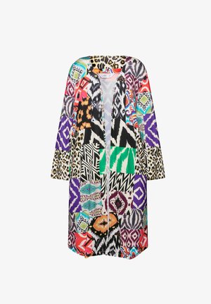 Langer, offener Cardigan mit einer Mischung aus lebhaften Mustern in Rot, Lila, Grün, Schwarz und Weiß. Hergestellt aus leichtem Stoff mit 3/4-Ärmeln.