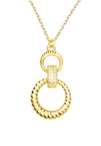 Guldkedja med sammanflätade ringar, en slät och en räfflad, med en central ring prydd med klara ädelstenar.