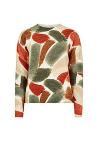 Maglione multicolore con motivi astratti a pennellate in rosso, verde e beige, con scollatura rotonda e polsini a coste.