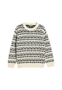 Sweter w kolorze kremowym z czarnymi geometrycznymi wzorami, z prążkowanym dekoltem i mankietami oraz luźnym krojem. Wykonany z grubej dzianiny.