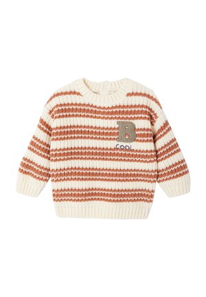 Cream and rust striped knit sweater with ribbed cuffs and hem, featuring a patch with letter B and word "COOL" on the chest.