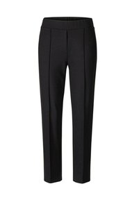 Zwarte op maat gemaakte broek met een gladde textuur, voorzien van een brede tailleband en twee verticale plooien aan de voorkant. Enkel lengte ontwerp.