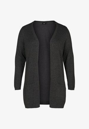 Cardigan grigio scuro con apertura frontale, maniche lunghe e due tasche anteriori, realizzato in morbido tessuto a maglia.