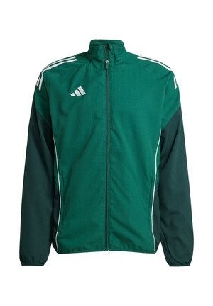 Grüne Zip-Jacke mit weißen Akzenten; hat einen hohen Kragen, drei gestreifte Details auf den Schultern und elastische Bündchen. Aus leichtem Stoff gefertigt.