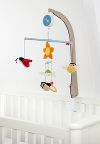 Soft fabric mobile featuring a flower, bees, and ladybugs, suspended by a blue frame with polka-dot accents. Attaches to a crib.