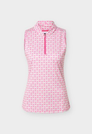Mouwloze golfshirt met roze en witte patronen, een opstaande kraag en een ritssluiting aan de voorkant.