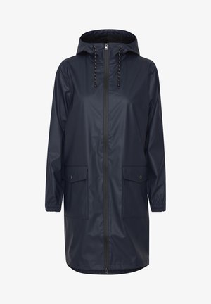 Navy waterproof raincoat with a hood, front zipper, drawstring, and two snap button pockets. Smooth texture and long sleeves.