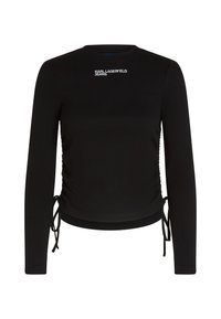 Czarny top z długim rękawem o dopasowanym kroju, z prążkowaną teksturą i detalami w postaci sznurków po bokach. Na froncie znajduje się logo "KARL LAGERFELD JEANS" w białym kolorze.
