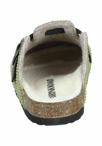 Green and gray felt slip-on shoe with a cork sole, featuring a rounded design and black strap accents. The interior is soft and flat.