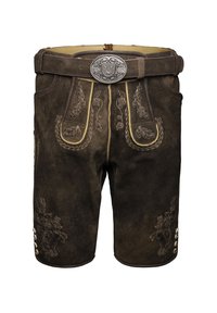 Lederhosen de cuero marrón con intrincados bordados en oro, cinturón ajustable y botones decorativos en los laterales. Diseño duradero y tradicional.