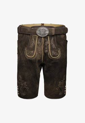 Braune Lederhosen mit aufwendiger goldener Stickerei, verstellbarem Gürtel und dekorativen Knöpfen an den Seiten. Robustes und traditionelles Design.