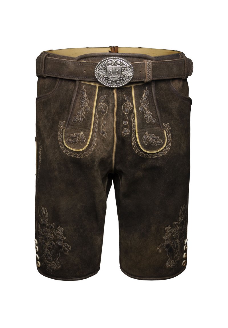 Lederhosen de cuero marrón con intrincados bordados en oro, cinturón ajustable y botones decorativos en los laterales. Diseño duradero y tradicional.