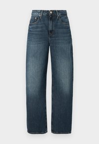 Blugi din denim de un albastru închis, cu un croi dreaptă și pantaloni largi. Caracteristici includ bucle pentru curea, buzunare frontale și închidere cu un buton metalic.