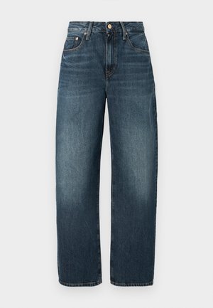 Blugi din denim de un albastru închis, cu un croi dreaptă și pantaloni largi. Caracteristici includ bucle pentru curea, buzunare frontale și închidere cu un buton metalic.