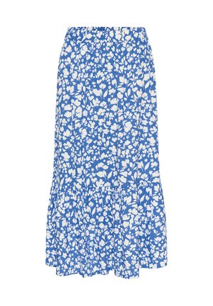 Blue floral skirt with white flower patterns, gathered waistband, and tiered ruffle hem. Made of lightweight fabric.