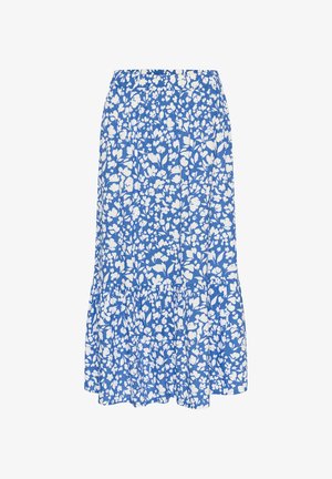 Plava cvjetna suknja s bijelim uzorcima cvijeća, skupljenim pojasom i višeslojnim volanom na rubu. Izrađena od lagane tkanine.