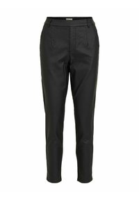 Pantalons noirs ajustés, fabriqués dans un matériau lisse et texturé, dotés de poches avant et d'une taille partiellement élastique.