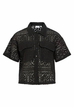 Camicia nera a maniche corte in crochet con motivi floreali, chiusura con bottoni sul davanti, collo e due grandi tasche con patta sul petto.
