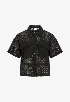 Čierna krátky rukáv háčkovaná košeľa s kvetinovými vzormi, zapínanie na gombíky vpredu, golier a dva veľké klopové vrecká na prsiach.