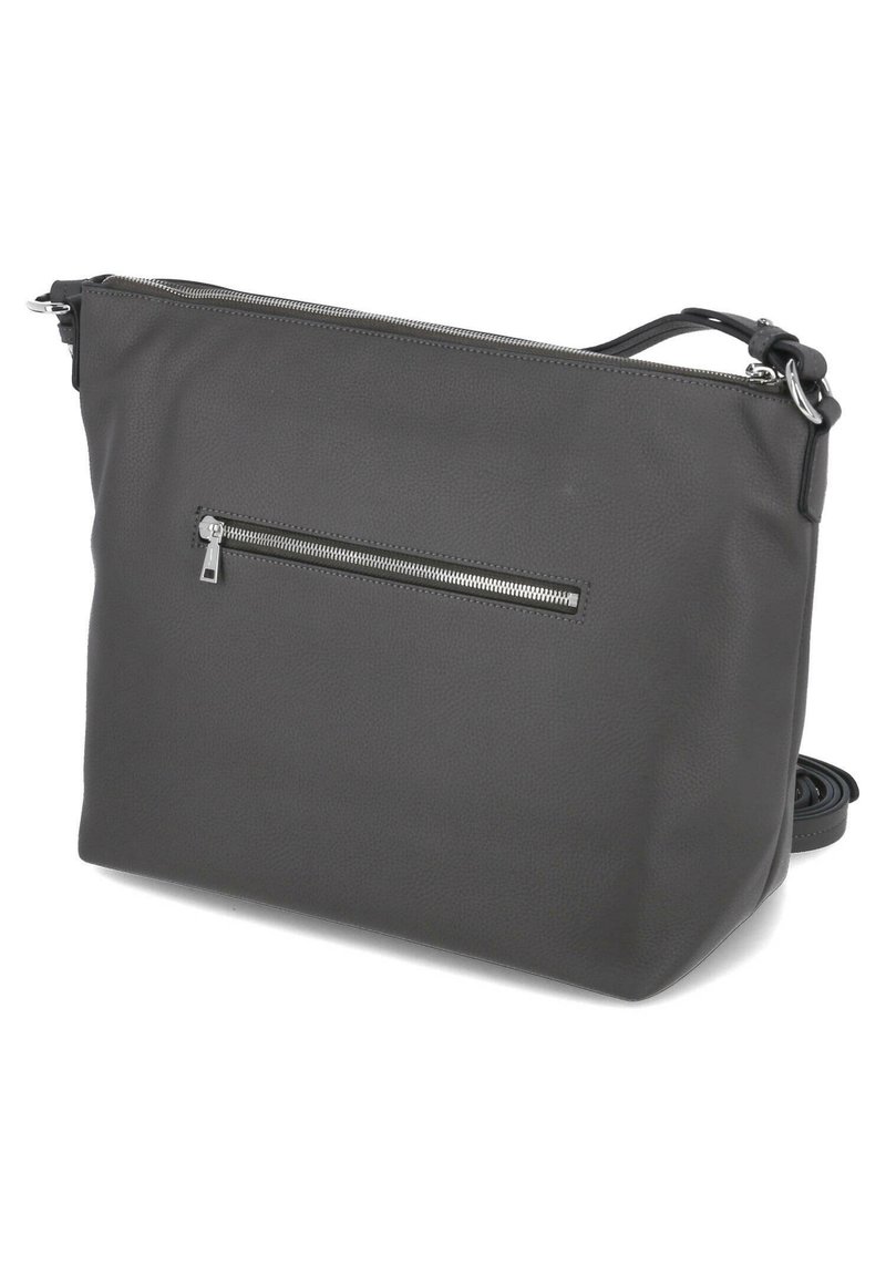 Šedá kožená crossbody taška s texturovaným povrchem, horním zipovým uzávěrem a přední kapsou na zip. Součástí je nastavitelné ramenní poutko.