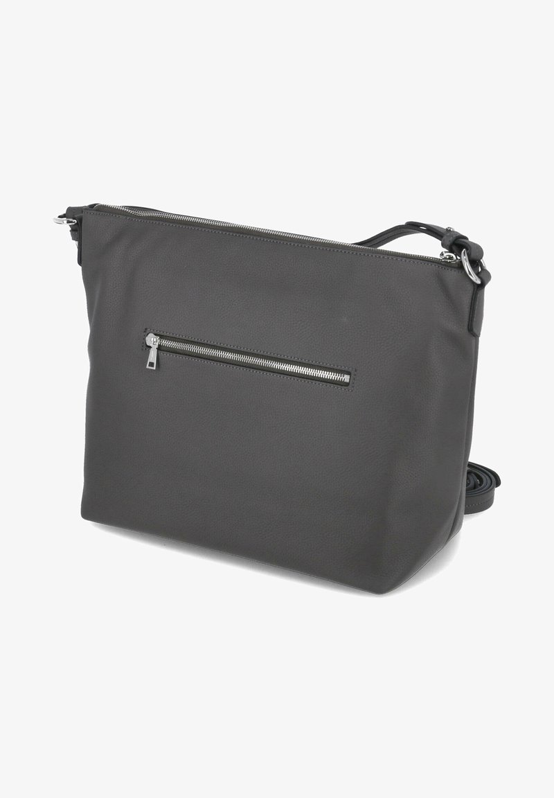 Borsa a tracolla in pelle grigia con superficie testurizzata, chiusura superiore a zip e tasca frontale con zip. Inclusa tracolla regolabile.