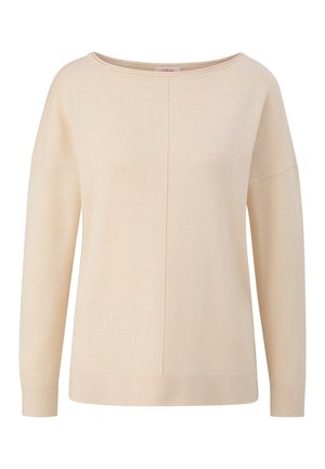 Light beige knit sweater with a wide boat neckline, long sleeves, and ribbed cuffs. Features a subtle texture and a straight fit.