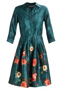 Button-up dress in teal satin with three-quarter sleeves, featuring a pleated skirt and large floral prints in shades of pink and white.