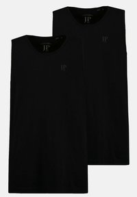 Twee zwarte mouwloze t-shirts van zachte stof, met een ronde halslijn en een minimalistisch logo in donkergrijs op de borst.