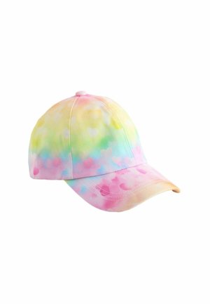 Casquette de baseball aux couleurs pastel de l'arc-en-ciel avec un motif de formes de cœurs doux sur le tissu, visière incurvée et bouton sur le dessus.