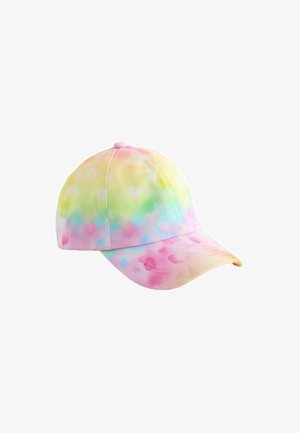 Pastelfarvet regnbuefarvet kasket med et mønster af bløde hjertestriber på stoffet, buet skygge og knap på toppen.