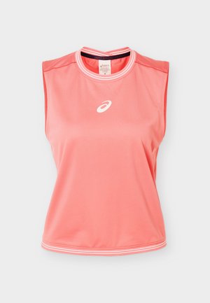 Αθλητική αμάνικη μπλούζα σε κοραλί ροζ με λευκή επένδυση στο γιακά και στο τελείωμα, με λευκό λογότυπο Asics στο κέντρο του στήθους.