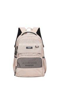 Sac à dos beige avec plusieurs compartiments, doté d'une poche avant en maille, de bretelles ajustables et d'une étiquette de logo. Le matériau est un tissu durable.