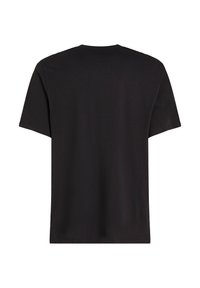 Black short-sleeve t-shirt, cotton fabric, crew neck, relaxed fit, no visible logos or patterns, smooth texture.