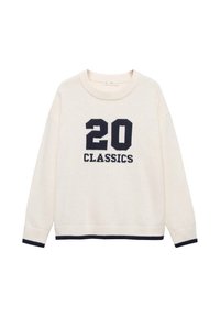 Cream-colored sweater with a round neck, featuring a navy blue "20 CLASSICS" graphic on the front and contrasting navy blue trim on cuffs and hem.