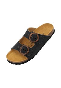Sandale noire en denim à enfiler avec deux grandes boucles en bois, semelle intérieure en daim brun et semelle extérieure en caoutchouc texturé pour une adhérence optimale.