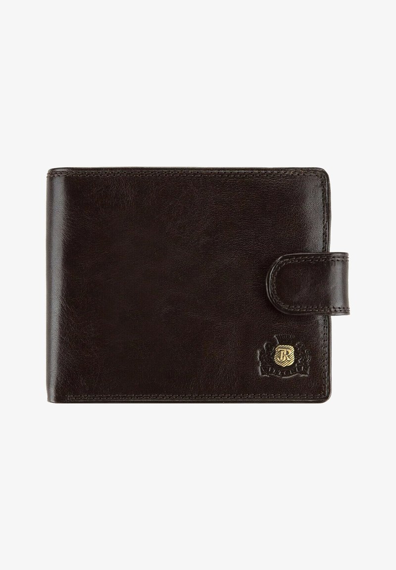 Portefeuille en cuir marron foncé avec surface texturée, doté d'une fermeture à pression et d'un logo en relief sur le coin inférieur droit avant.