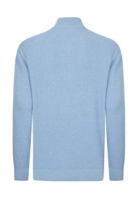 Light blue ribbed sweater with a high collar, long sleeves, and a textured knit pattern. Features a straight cut at the hem.