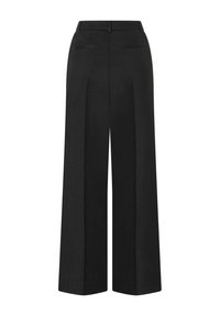High-waisted black wide-leg trousers, featuring a smooth texture, two back pockets, and a subtle vertical stripe pattern.