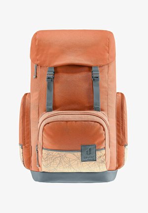 Orange fabric backpack with a roll-top design, grey straps, multiple pockets, and a lower section featuring a geometric pattern.