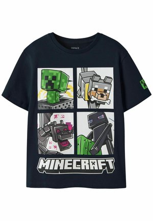 Navyblå Minecraft T-shirt med fire karakterpaneler, der viser Creeper, hund med knogle, drage og Enderman, der holder en grøn blok.